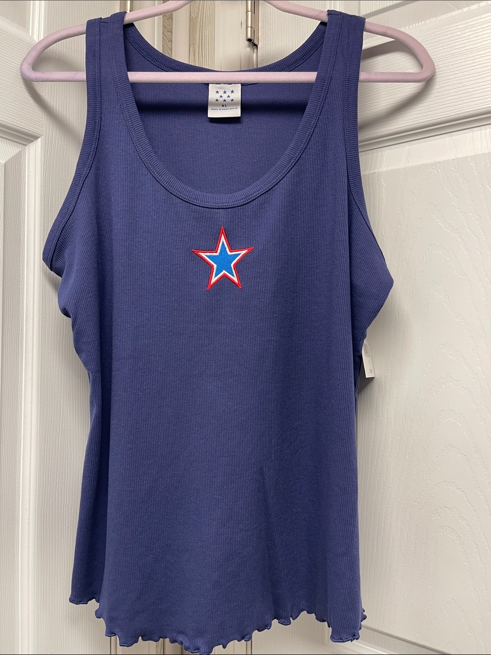 Blue Ribbed Red White Blue Embroidered Star Tank Top NWT XL